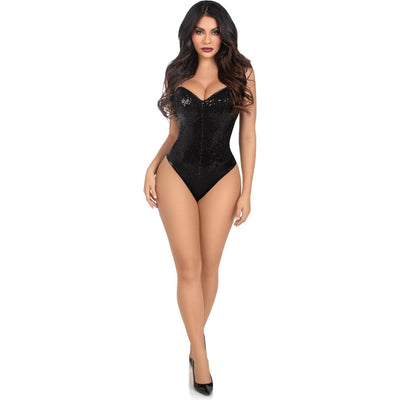 Leg Avenue - Womens 2 Piece Sequin Boned Snap Crotch Bodysuit with Detachable Clear Straps