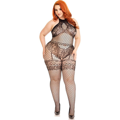 Leg Avenue - Womens Plus Size Seamless Industrial Net Crotchless Lingerie Jumpsuit — Black
