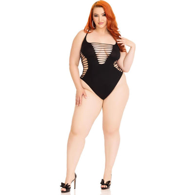 Leg Avenue - Womens Plus Size Seamless Shredded Racer Back Thong Bodysuit — Black