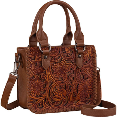 Trinity Ranch - Womens Floral Tooled Collection Mini Tote/Crossbody Bag — Brown