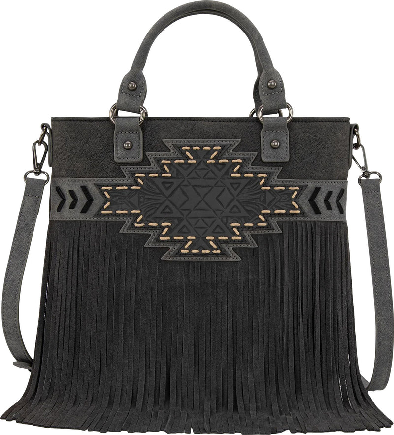Trinity Ranch - Womens Aztec Tooled Fringe Concealed Carry Tote/Crossbody Bag — Black