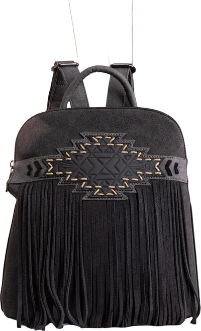 Trinity Ranch - Womens Aztec Tooled Fringe Concealed Carry Backpack — Black