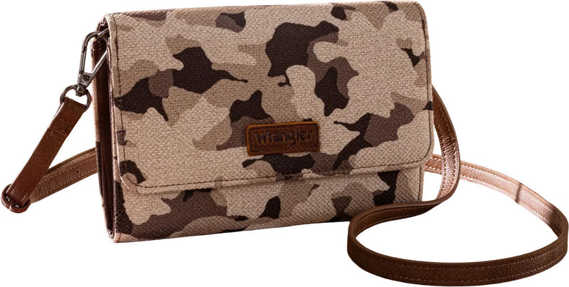 Wrangler - Womens Camouflage Print Canvas Clutch/Crossbody Bag — Brown