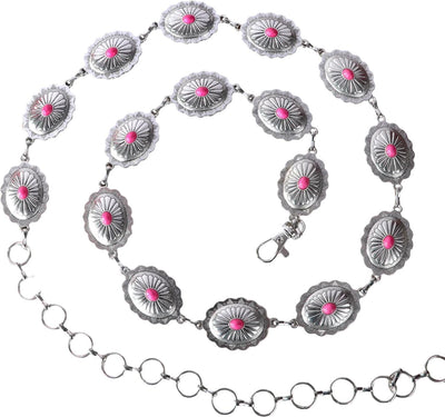 Rustic Couture - Womens Etched Oval Stone Concho Link Chain Belt — Hot Pink
