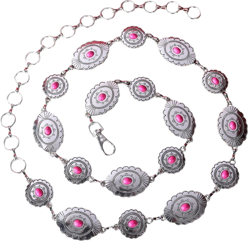 Rustic Couture - Womens Western Sunburst Concho Link Chain Belt — Hot Pink