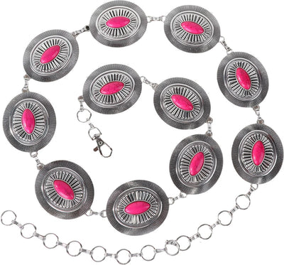 Rustic Couture - Womens Silver Oval Stone Centered Concho Link Chain Belt — Hot Pink