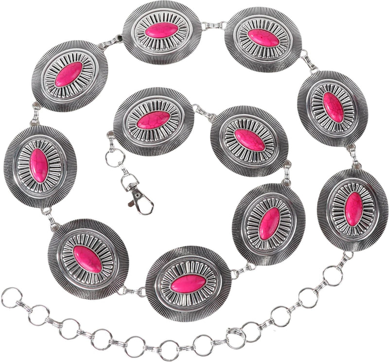 Rustic Couture - Womens Silver Oval Stone Centered Concho Link Chain Belt — Hot Pink