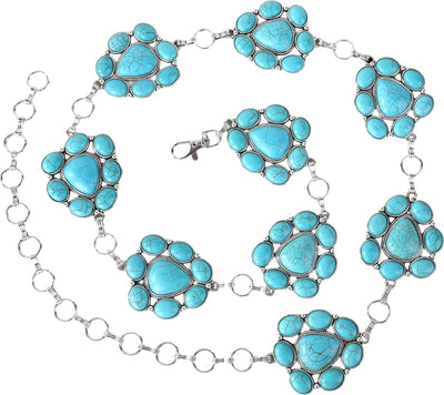 Rustic Couture - Womens Western Stone Concho Link Chain Belt — Turquoise