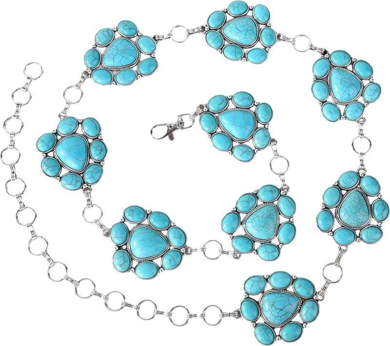 Rustic Couture - Womens Western Stone Concho Link Chain Belt — Turquoise