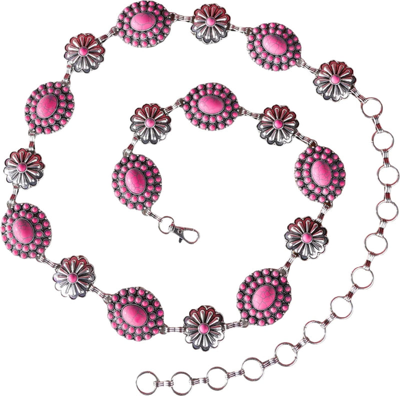Rustic Couture - Womens Oval Flower Stone Concho And Daisy Concho Link Chain Belt — Hot Pink