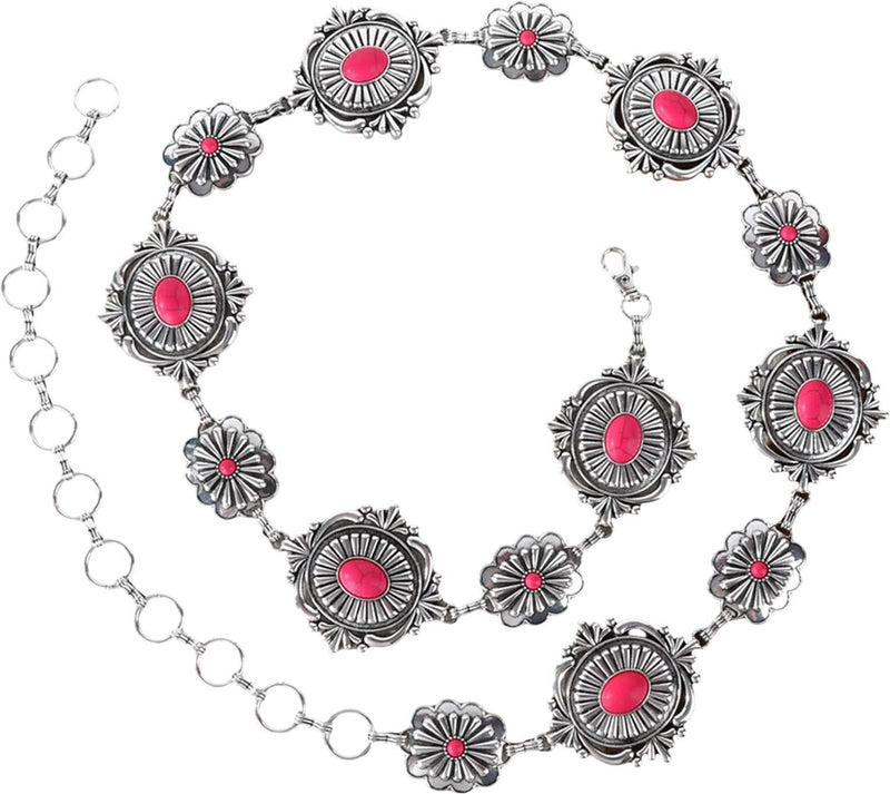 Rustic Couture - Womens Etched Oval Concho Link Chain Belt — Hot Pink