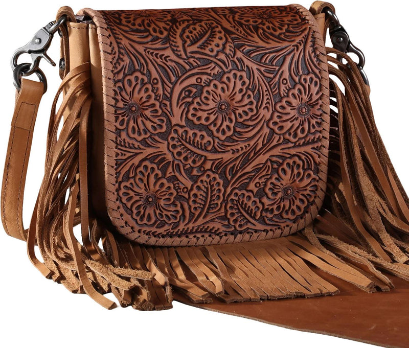 Montana West - Womens Genuine Leather Tooled Collection Fringe Crossbody Bag