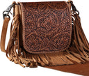 Montana West - Womens Genuine Leather Tooled Collection Fringe Crossbody Bag