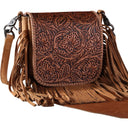 Montana West - Womens Genuine Leather Tooled Collection Fringe Crossbody Bag