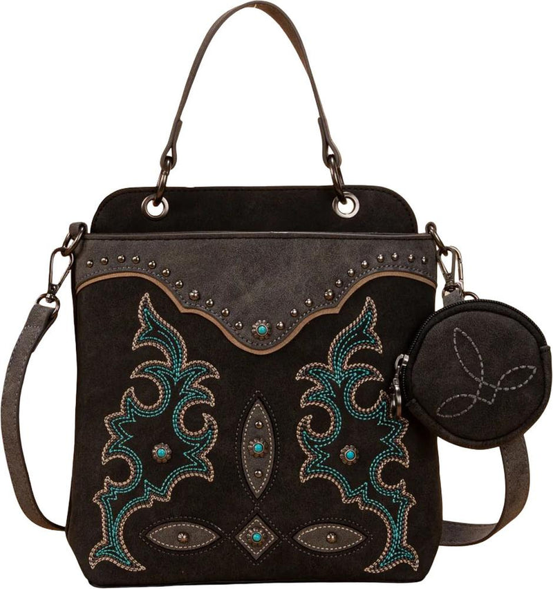 Montana West - Womens Embroidered Boot Scroll Top Handle Crossbody Bag With Coin Pouch