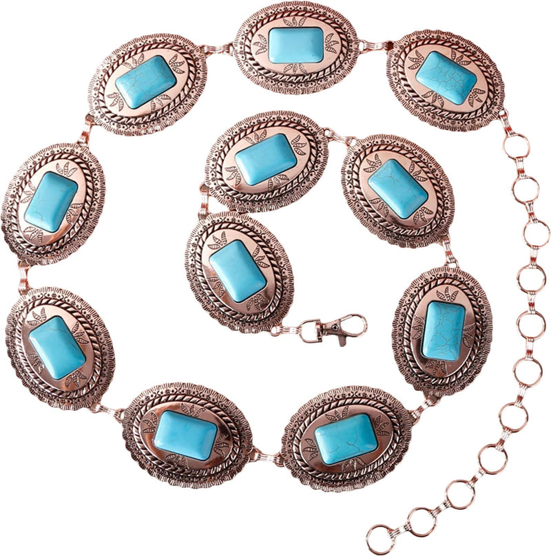 Rustic Couture - Womens Etched Oval Stone Concho Link Chain Belt — Rose Gold