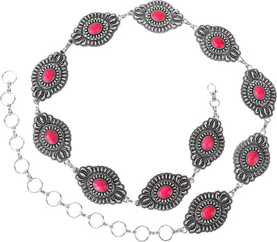 Rustic Couture - Womens Etched Oval Stone Centered Concho Link Chain Belt — Hot Pink