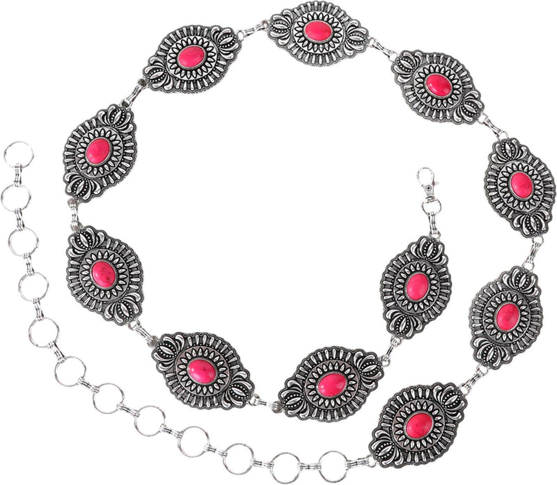 Rustic Couture - Womens Etched Oval Stone Centered Concho Link Chain Belt — Hot Pink