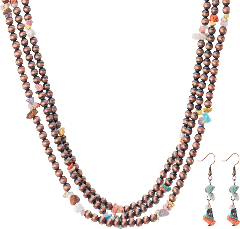 Rustic Couture - Womens Layered Beaded Chips Mixed Necklace Earrings Set — Multi