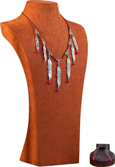 Rustic Couture - Womens Silver Feather Charms Leather Necklace Earrings Set — Hot Pink