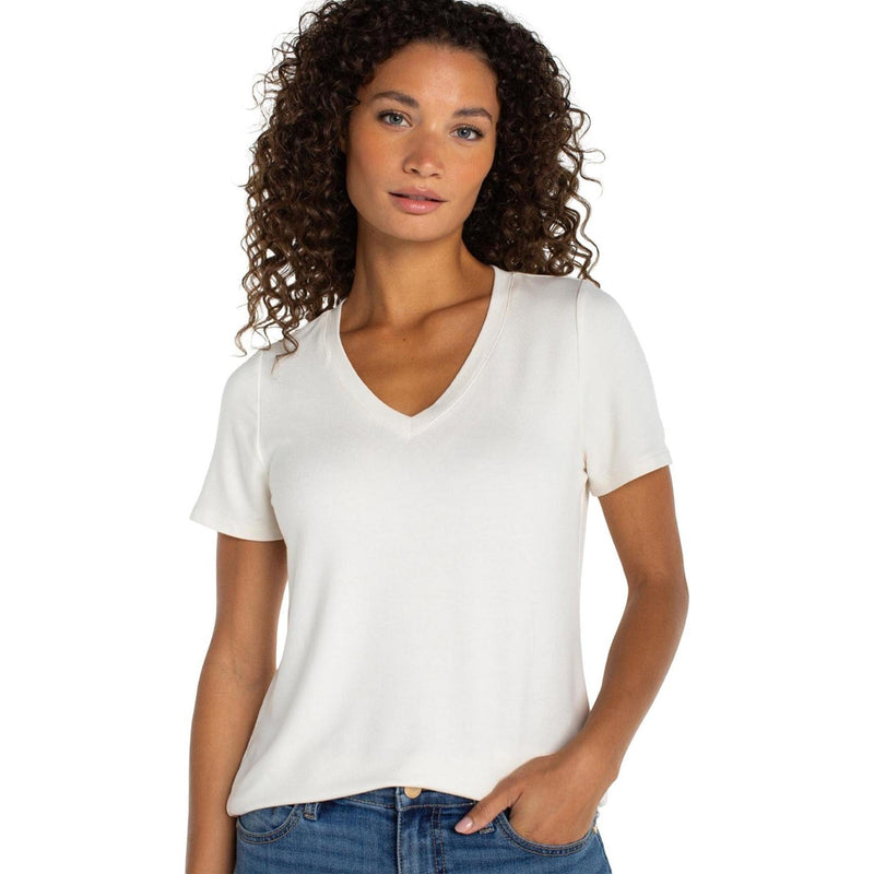 Liverpool Los Angeles - Womens Short Sleeve V-Neck Knit T-Shirt — french cream