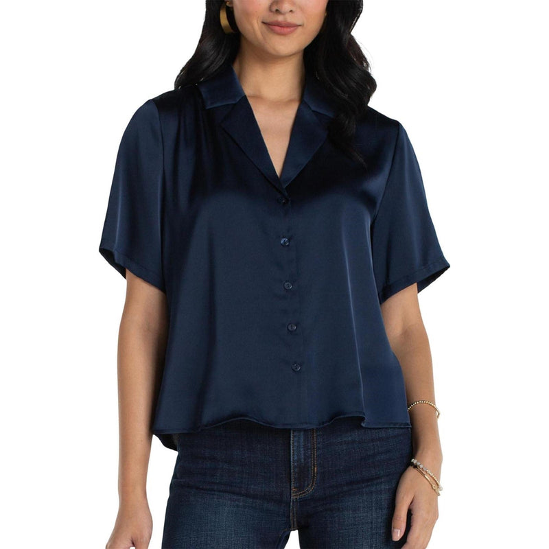 Liverpool Los Angeles - Womens Short Sleeve Camp Collar Woven Blouse — dark navy