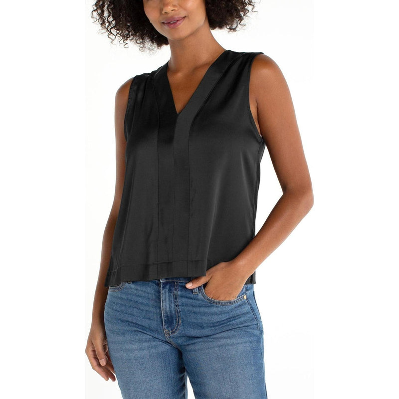 Liverpool Los Angeles - Womens Sleeveless V-Neck Woven-To-Knit Top — black