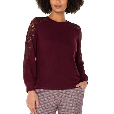 Liverpool Los Angeles - Womens Long Slv Crew Neck Lace Inset Knit Top