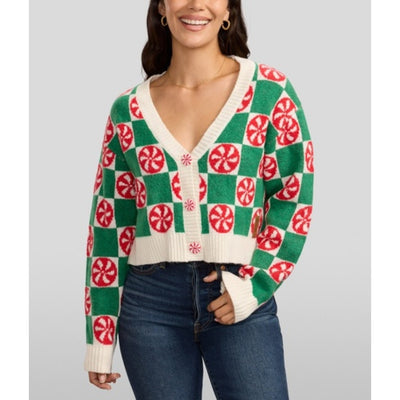 Tipsy Elves - Womens Cozy Knit Checker Mint Cropped Cardigan