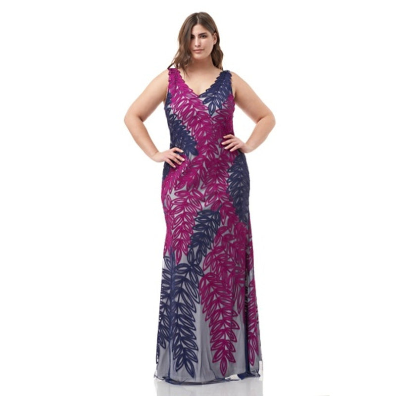 JS Collections - Womens Multi-Colored Leaf Soutache V Neck Gown