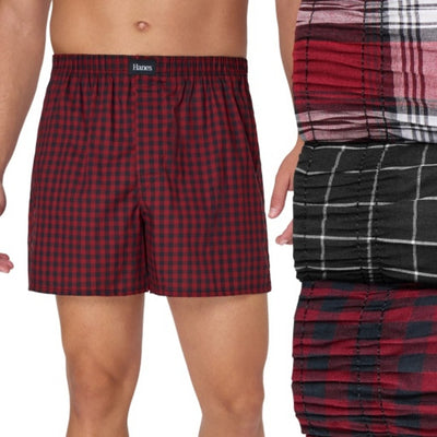 Hanes - Mens Originals Ultimate Men's Cotton Stretch Woven Boxer Underwear Red/Black Plaids 3-Pack