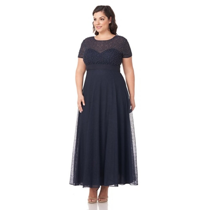 JS Collections - Womens Beaded Bodice Ss Chiffon Gown