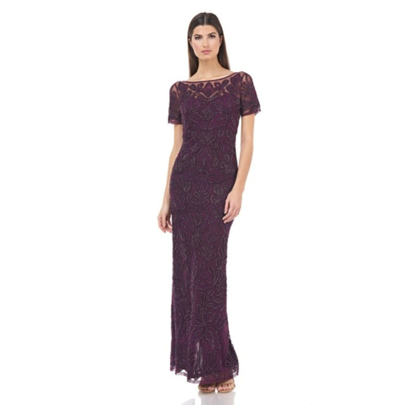 JS Collections - Womens Beaded Soutache Mesh Ss Gown