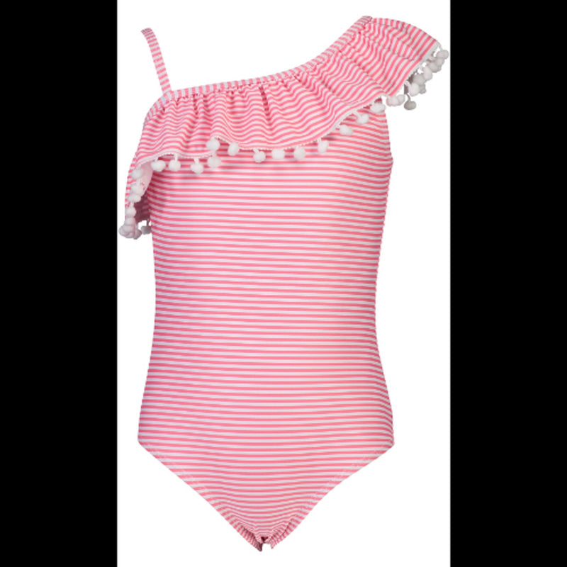 Snapper Rock - Girls Red & White Stripe One Shoulder Frill Swimsuit