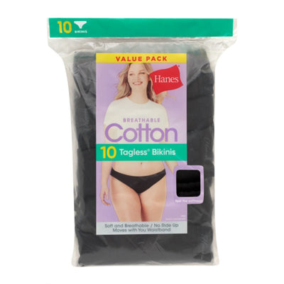 Hanes - Womens Breathable Cotton Bikini Underwear Black 10-Pack