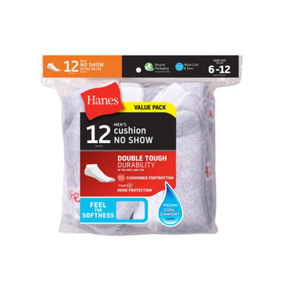 Hanes - Mens Double Tough Men's No-Show Socks Shoe Sizes 6-12 12-Pairs