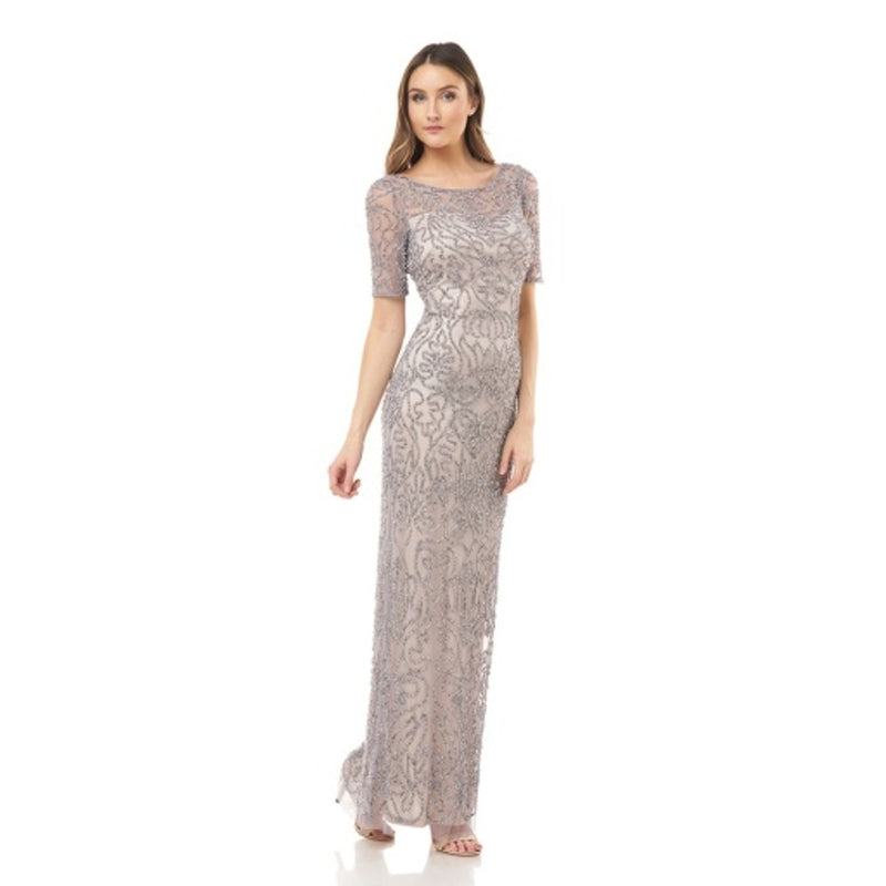 JS Collections - Womens Illusion Beaded Ss Column Gown