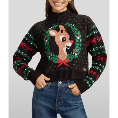 Tipsy Elves - Womens Cozy Knit Rudolph Wreath Cropped Sweater