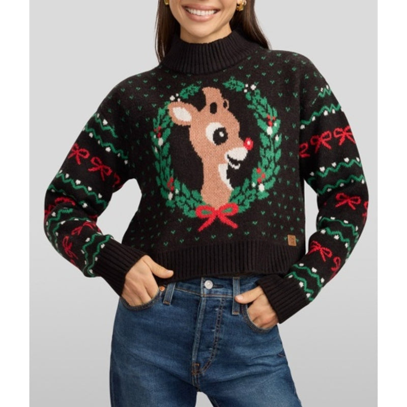 Tipsy Elves - Womens Cozy Knit Rudolph Wreath Cropped Sweater