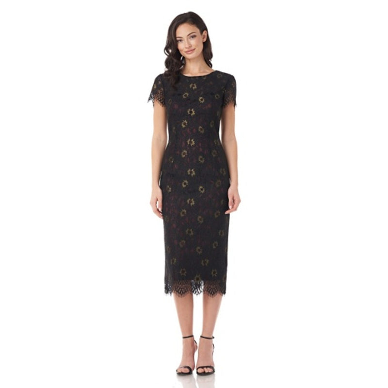 JS Collections - Womens Metallic Floral Lace Cocktail