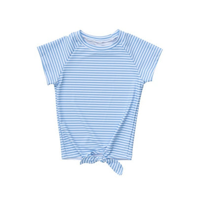 Snapper Rock - Girls Powder Blue Sustainable Stripe Knot Short Sleeve Rash Top