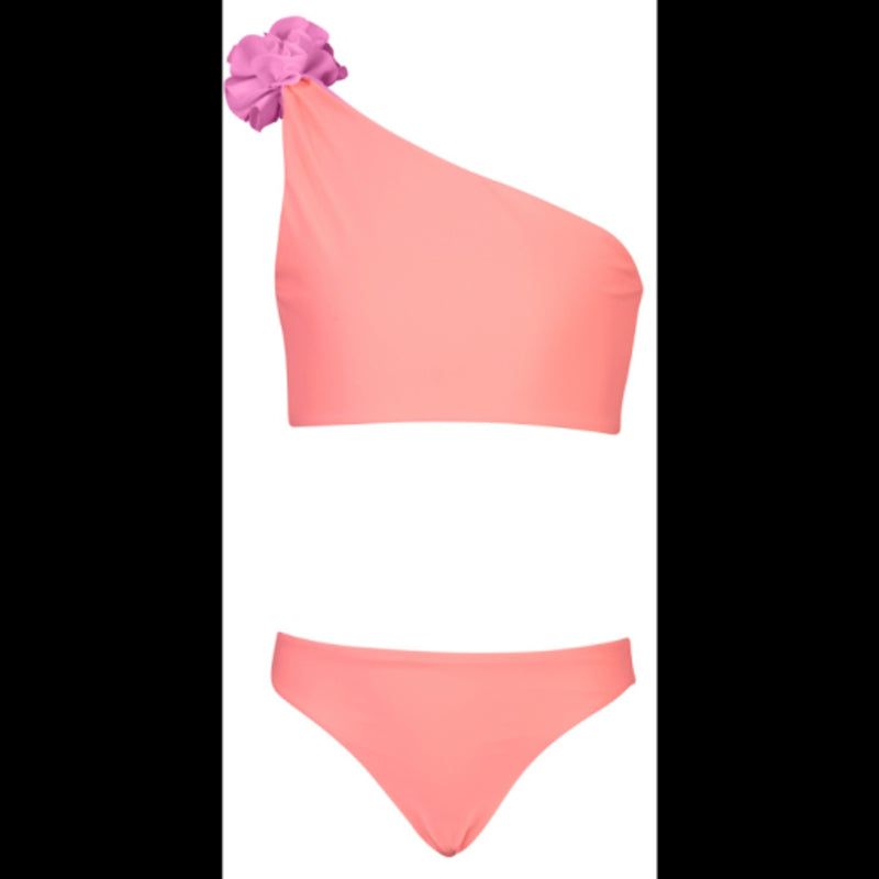 Snapper Rock - Girls Neon Coral Reversible One Shoulder Bikini with Pompom