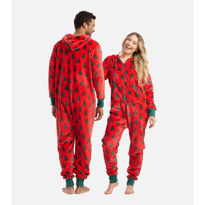 Little Blue House - Unisex Trees on Red Adult Hooded Fleece Jumpsuit