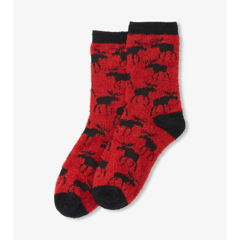 Little Blue House - Unisex Moose on Red Fuzzy Socks