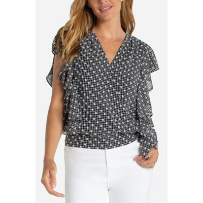 Liverpool Los Angeles - Womens Short Ruffle Sleeve Draped Front Woven Blouse