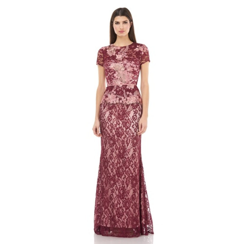 JS Collections - Womens Embroidered Lace Peplum Gown