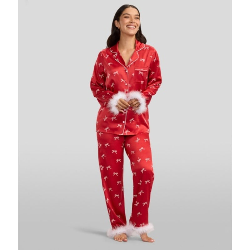 Tipsy Elves - Womens Christmas Bow Feathered-Cuff Pajamas