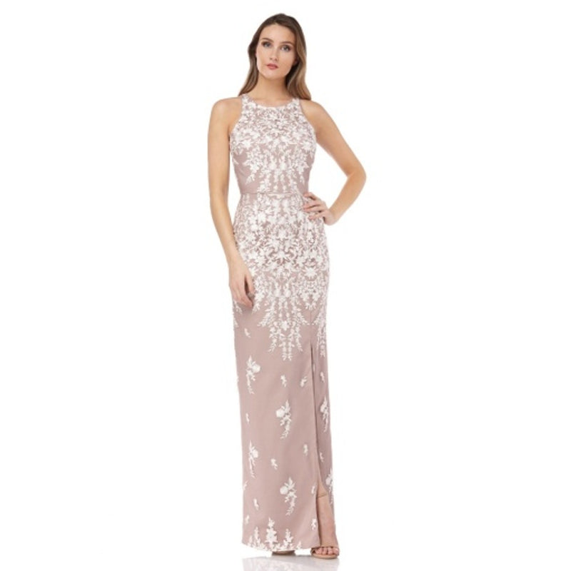 JS Collections - Womens Embroidered Column Halter Gown