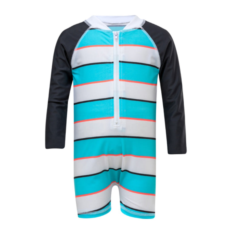 Snapper Rock - Baby Aqua/Slate Stripe Long Sleeve Sunsuit