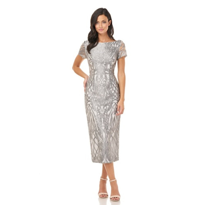 JS Collections - Womens Metallic Embroidered Midi Drs